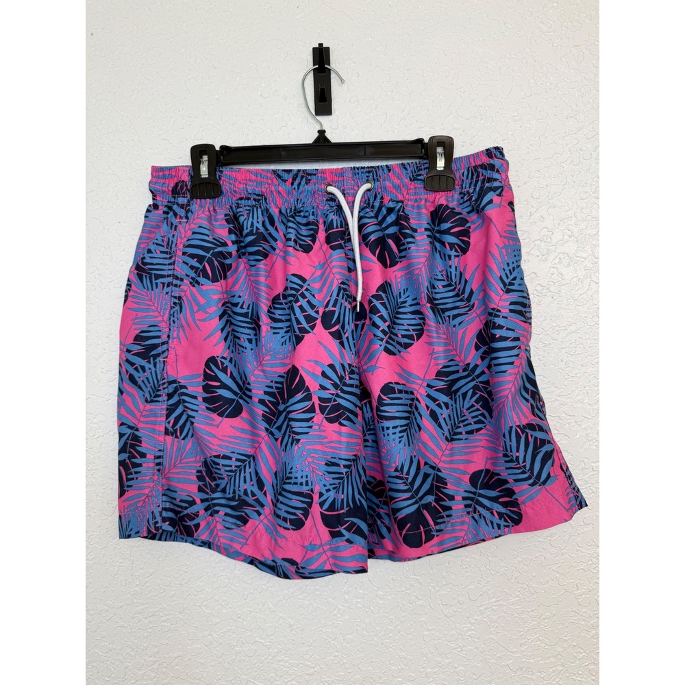 Trunks Surf & Swim Co Mens Large Pink Blue Tropical Palm Leaf Swim Trunks Shorts
